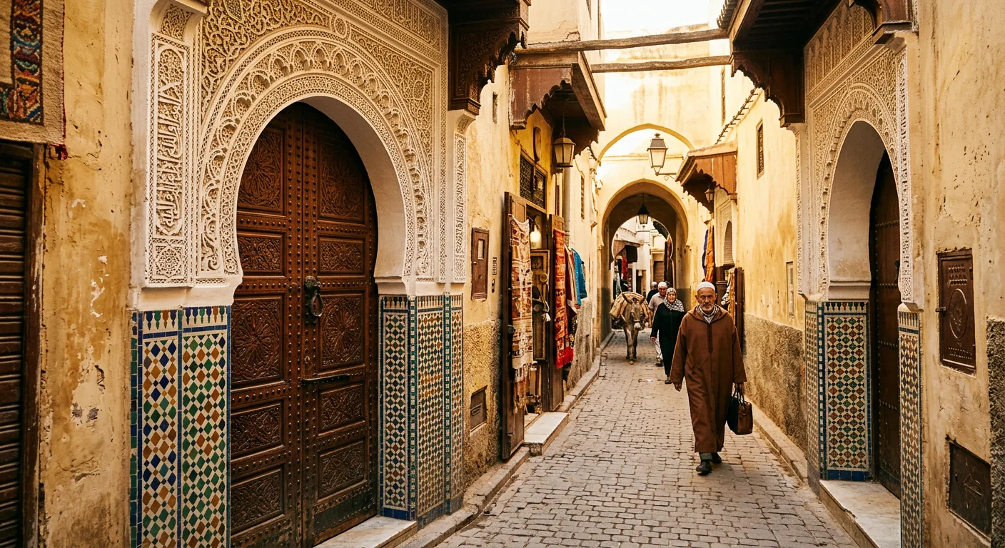 Bab Boujloud Blue Gate at evening with musicians, Fes medina