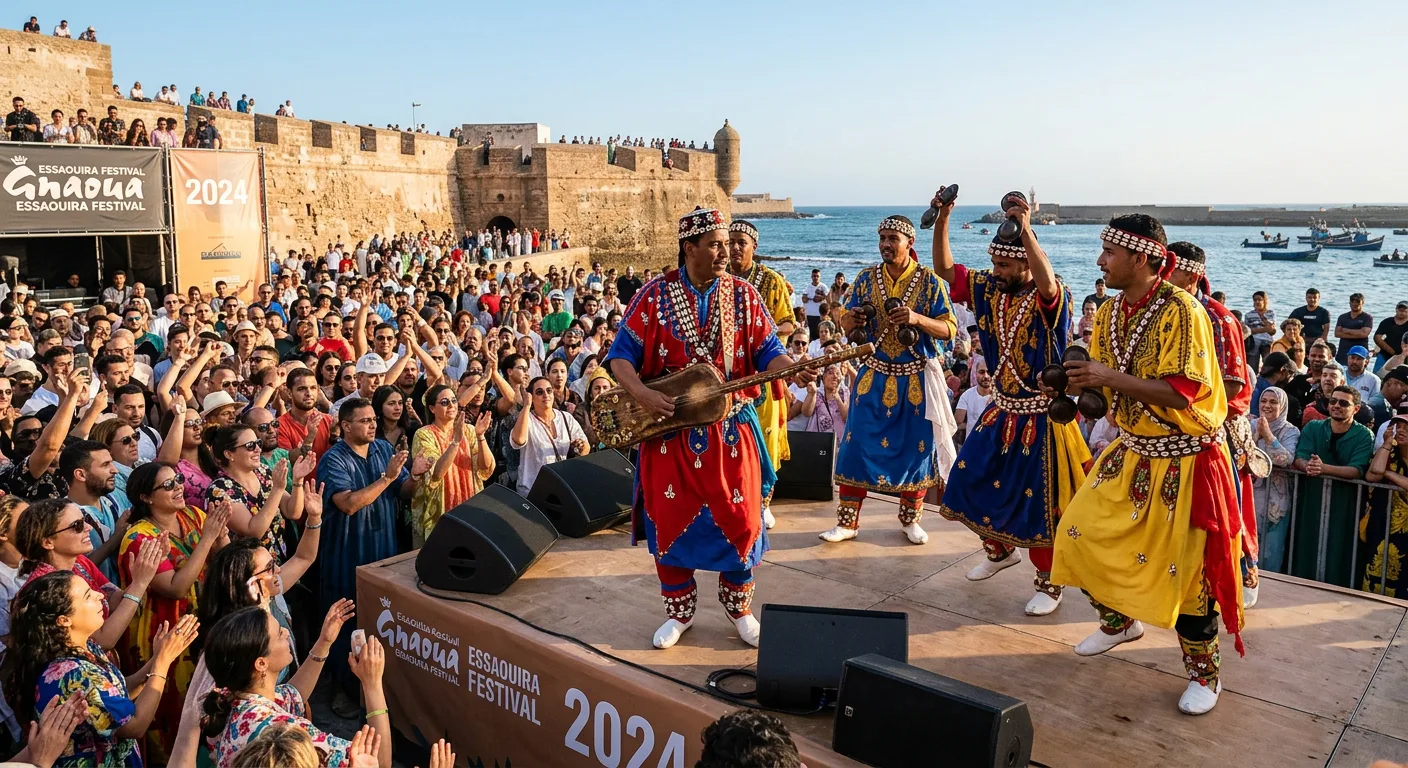 Gnawa musicians performing at sunset in Essaouira, Morocco
