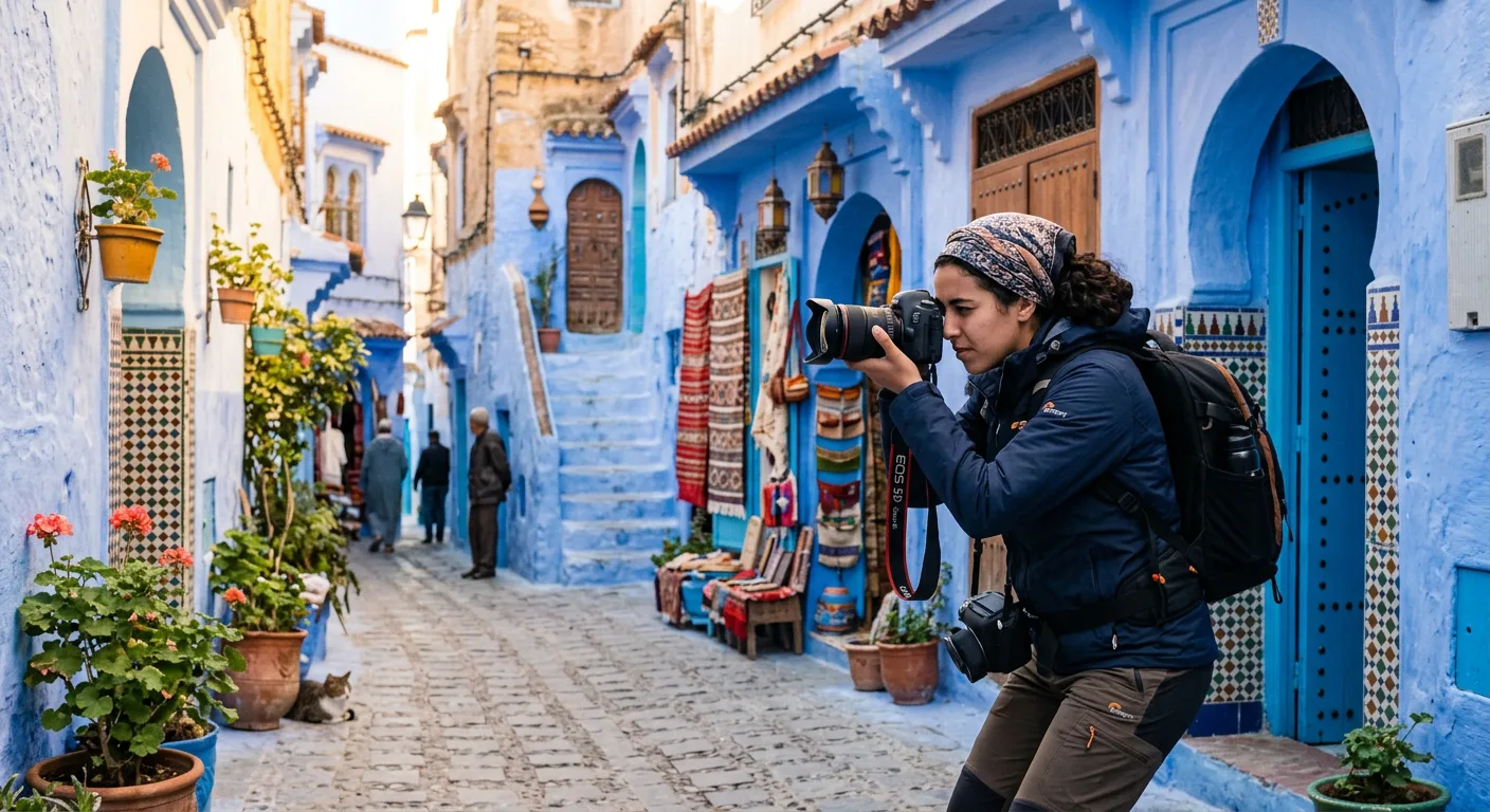 Photographer capturing the Moroccan landscape at golden hour