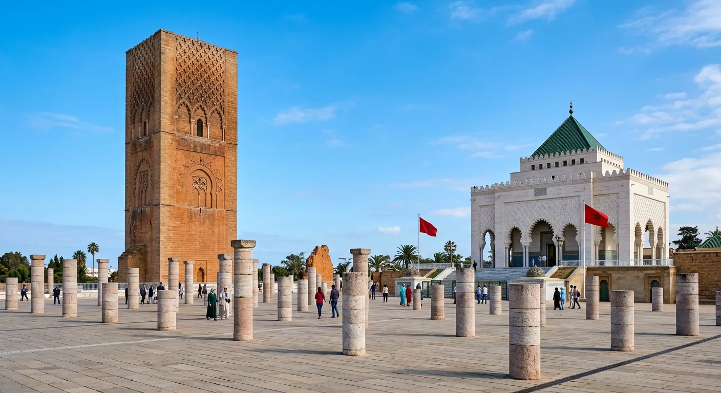 Rabat city view with Hassan Tower and Mohammed V Mausoleum